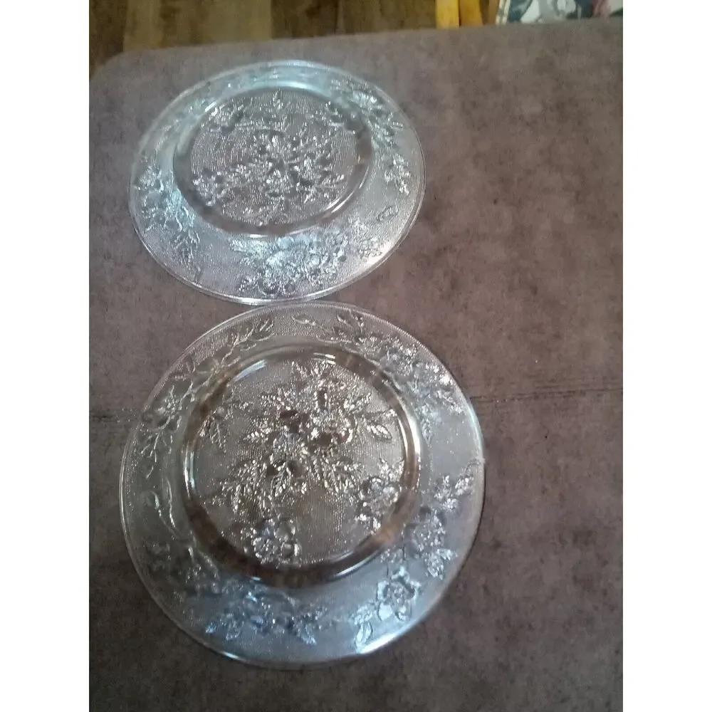 Vtg Rerverse Pressed Glass Plates~CLEAR with colored Flowers 8 1/4